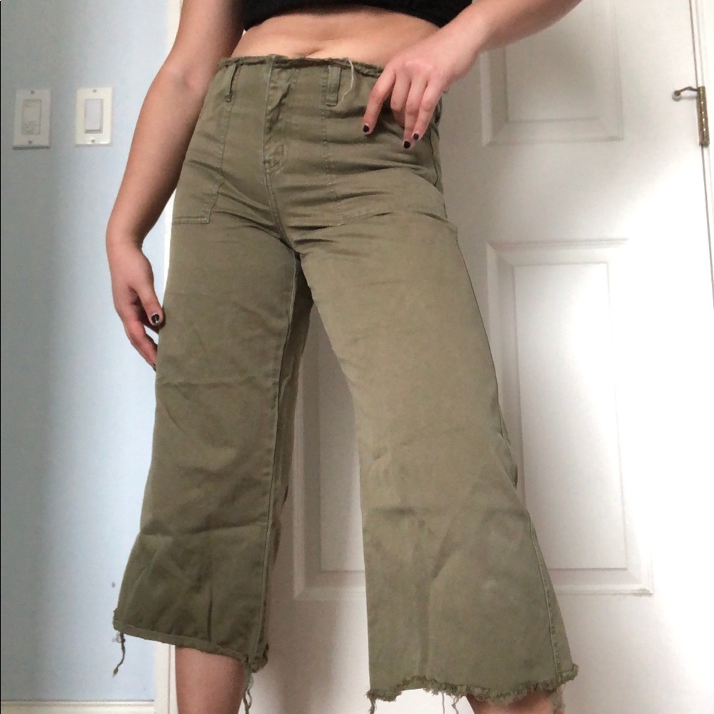 Khaki green wide leg hi rise pants Kim possible